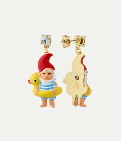 Garden gnome and inflatable duck ring post earrings