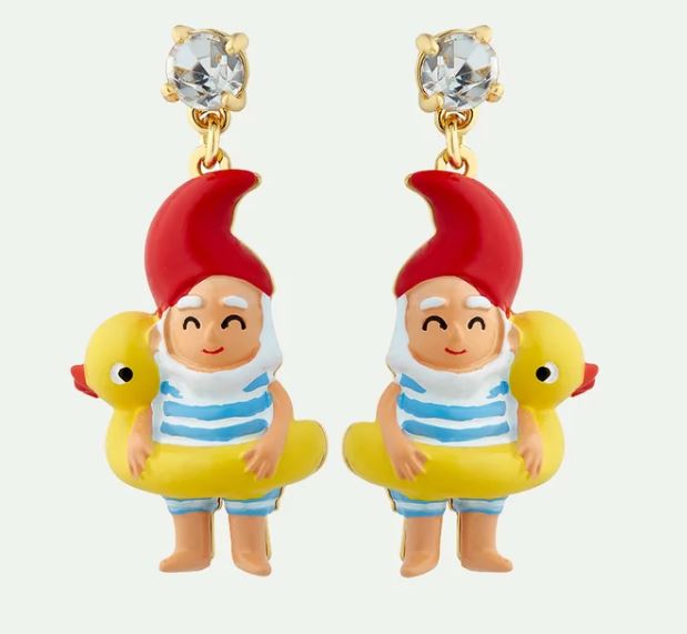 Garden gnome and inflatable duck ring post earrings