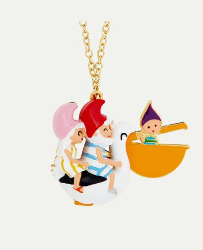 Toadstool family couple riding a pelican pendant necklace