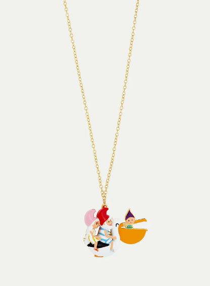 Toadstool family couple riding a pelican pendant necklace