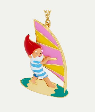 Surfing garden gnome pendant necklace