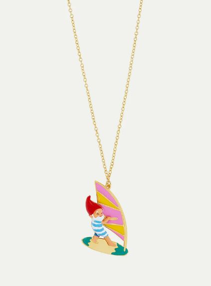 Surfing garden gnome pendant necklace