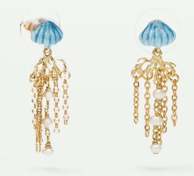 Blue and golden jellyfish dangling earrings