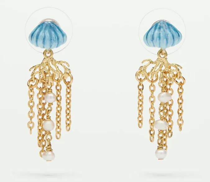 Blue and golden jellyfish dangling earrings