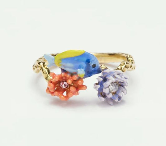 Blue fish, pink anemone and sea urchin adjustable ring