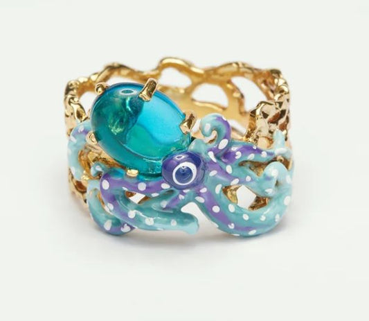 Blue octopus and blue cut glass cocktail ring